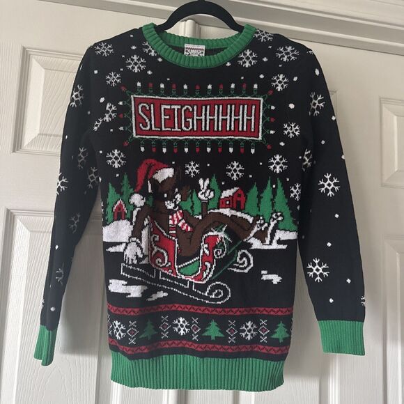 Ugly Christmas Big Kid Holiday Sweater Sz Large Cat Sleigh Funny Festive Party - Picture 2 of 11